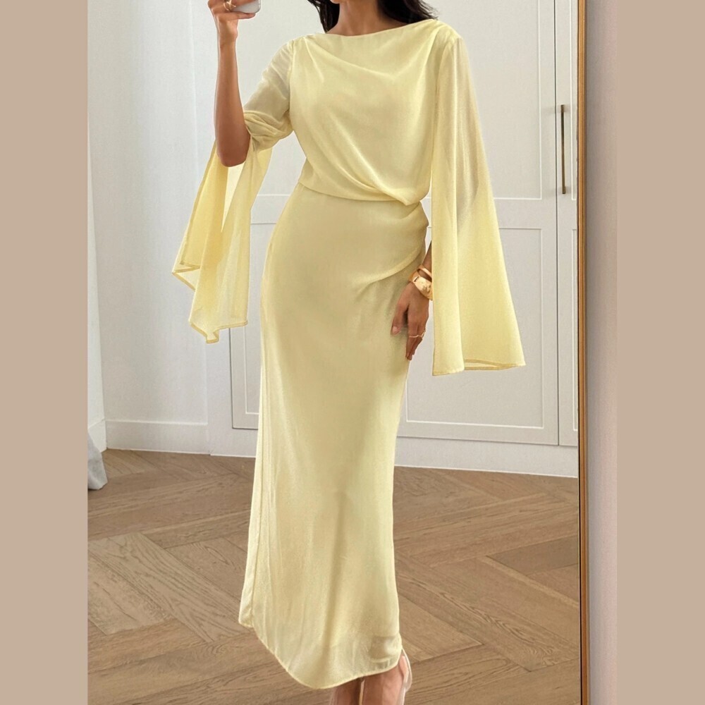 Pale Yellow Draped Maxi Dress with Dramatic Caped Bell Sleeves